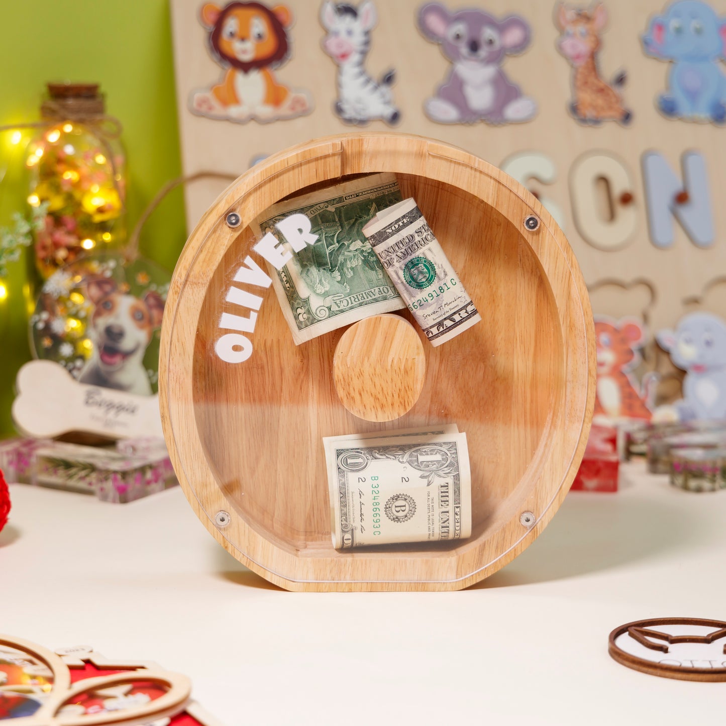 Custom Baby Name Plane Wooden Piggy Bank