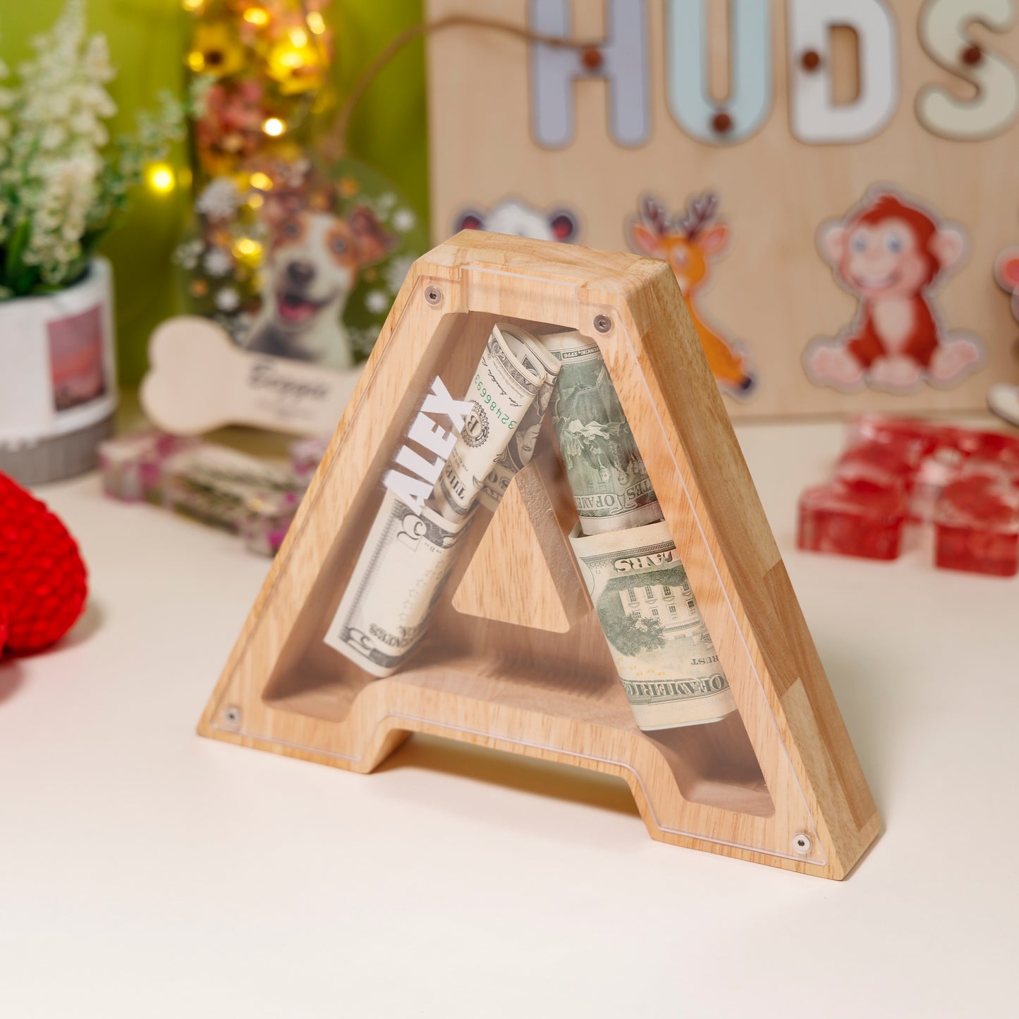 Custom Baby Name Plane Wooden Piggy Bank