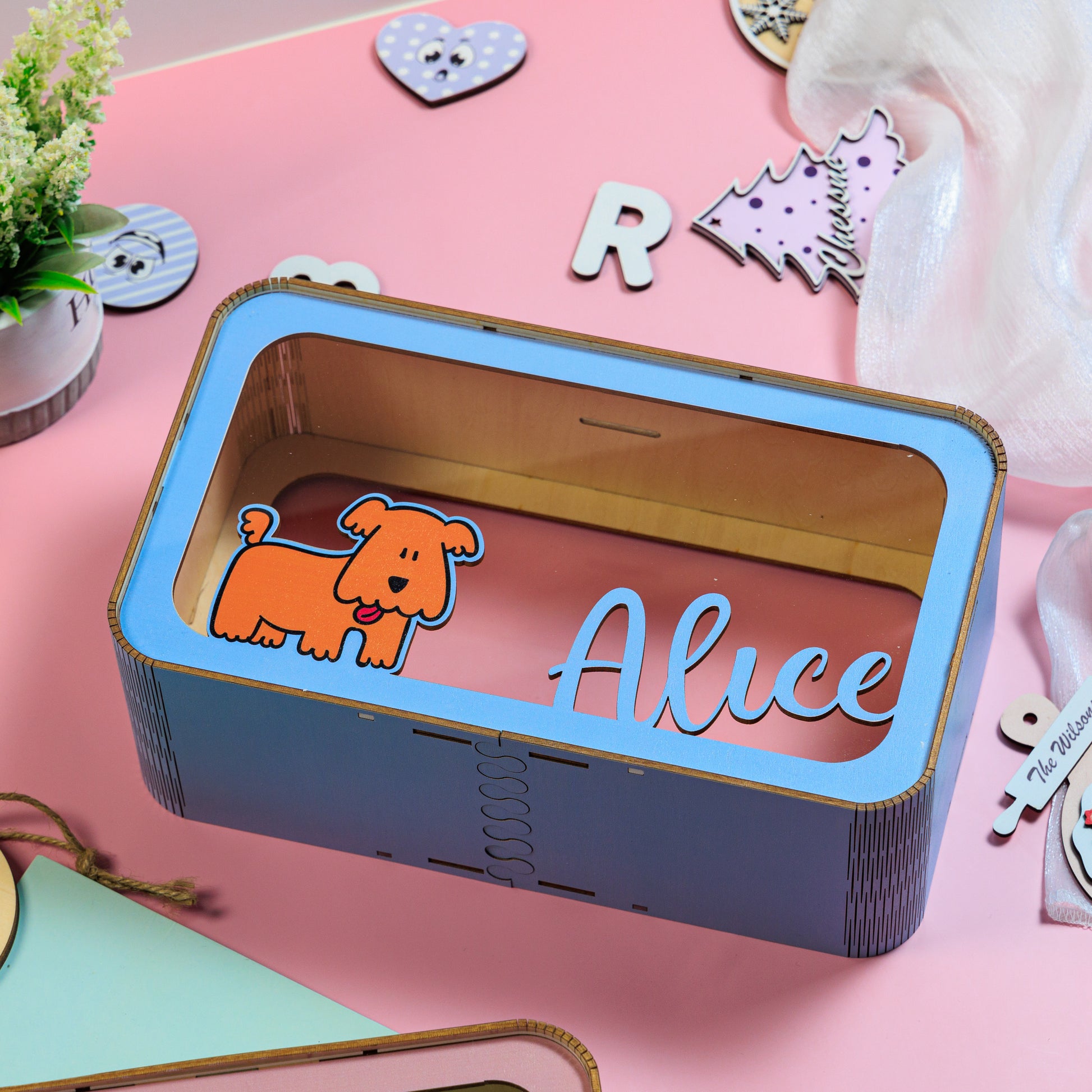 Custom Baby Name Baby Dog Wooden Piggy Bank