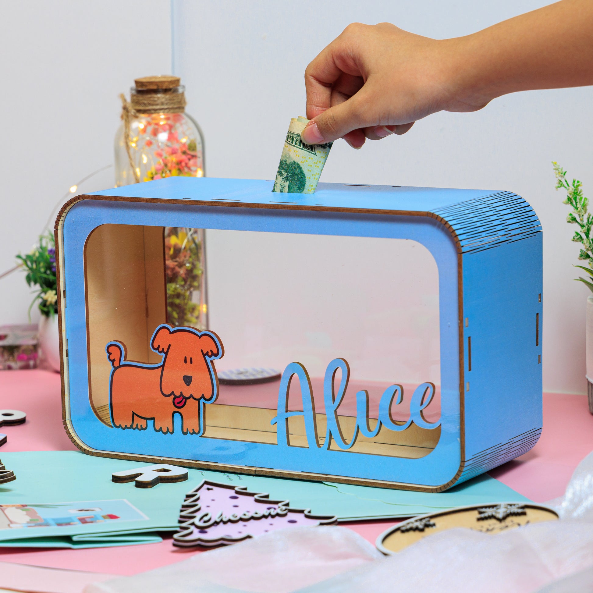 Custom Baby Name Baby Dog Wooden Piggy Bank