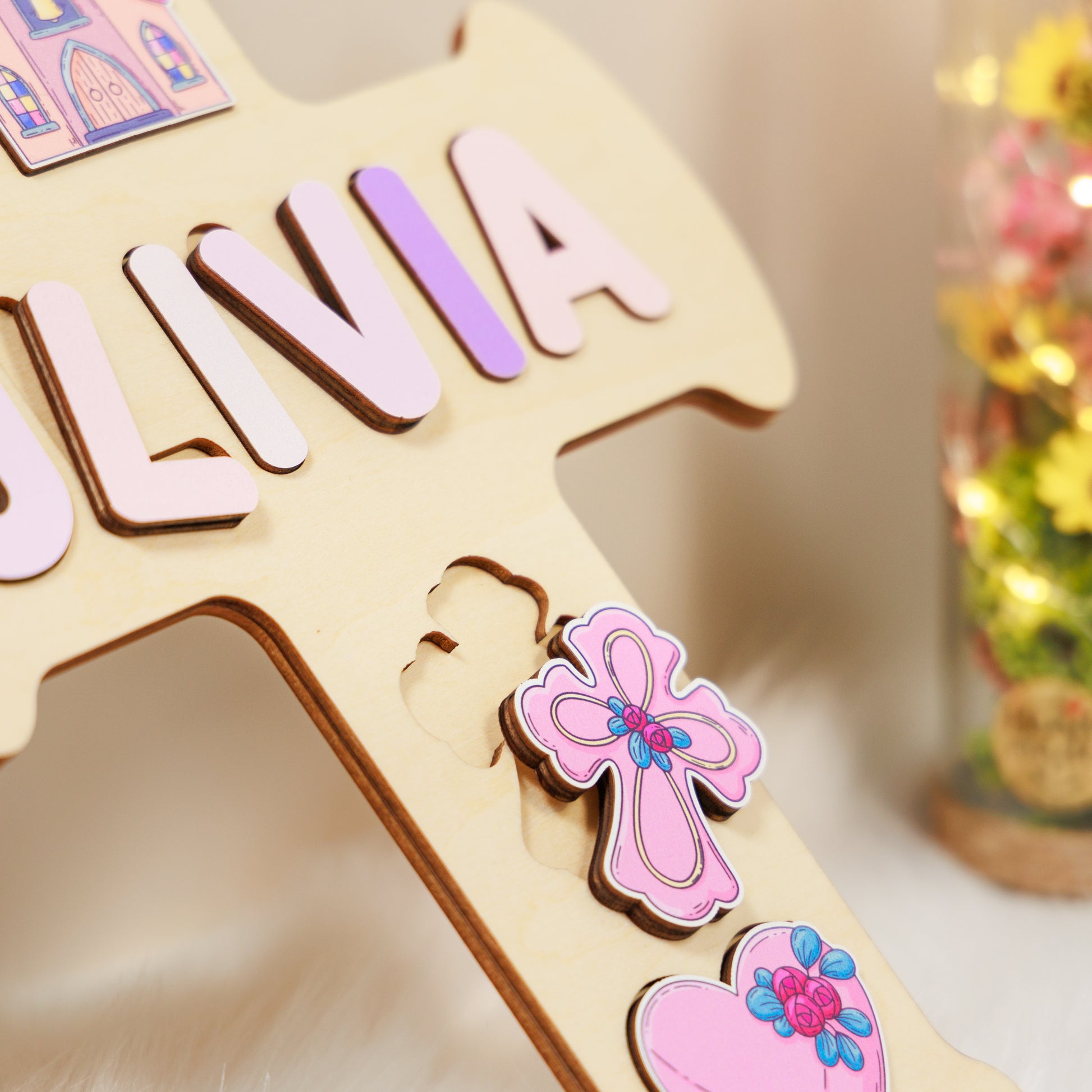 Personalized Baptism Baby Girl Cross Wooden Name Puzzle