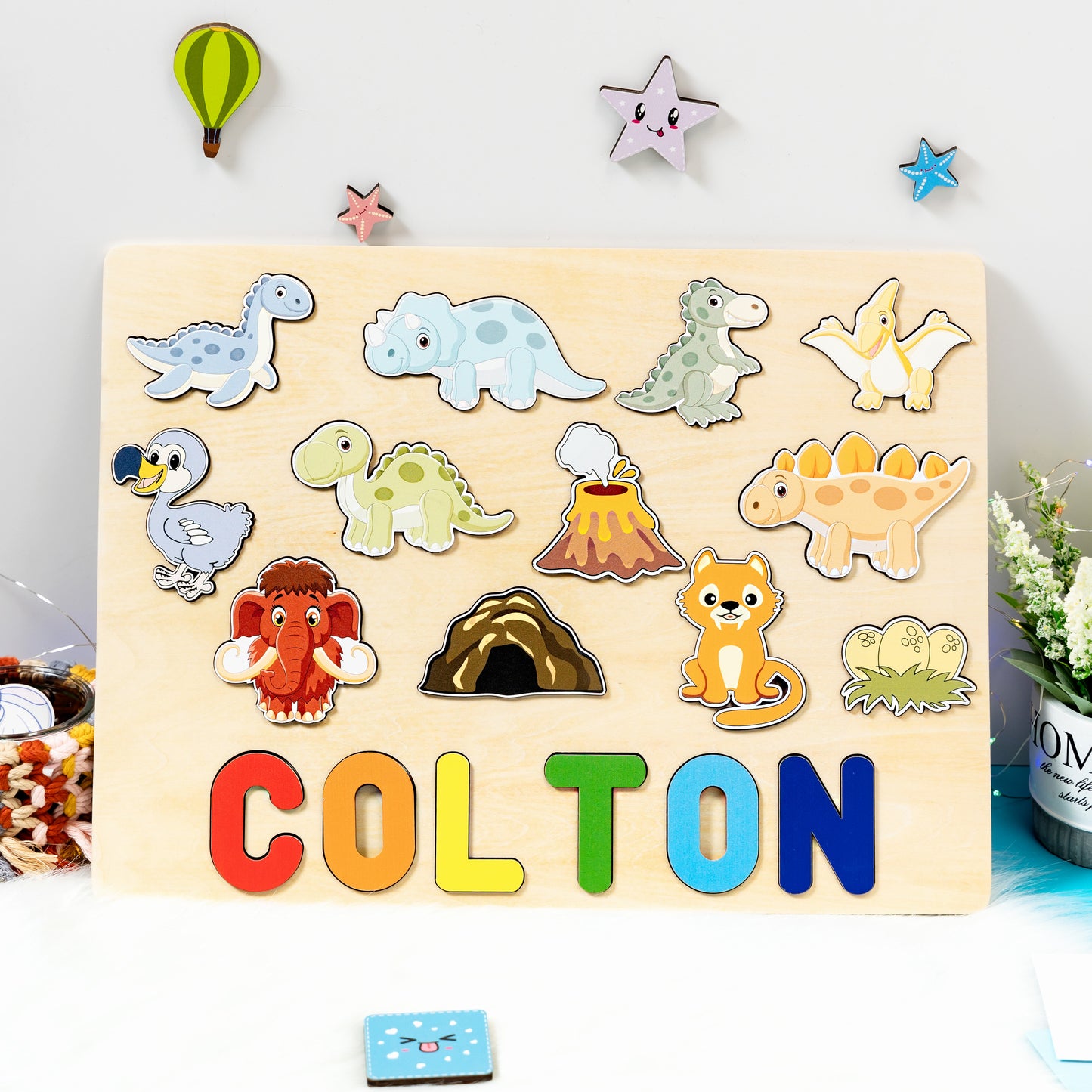 Personalized Baby Dinosaurs and Woodland Animals Wooden Name Puzzle