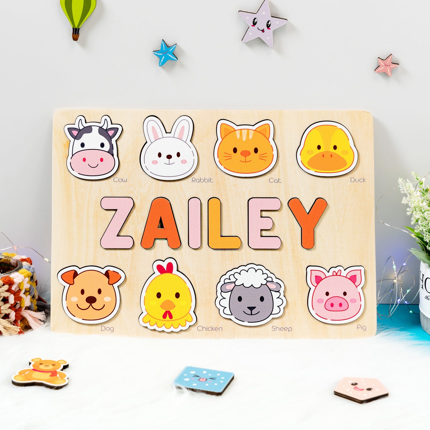 Personalized Baby Girl and Boy Animals Wooden Name Puzzle