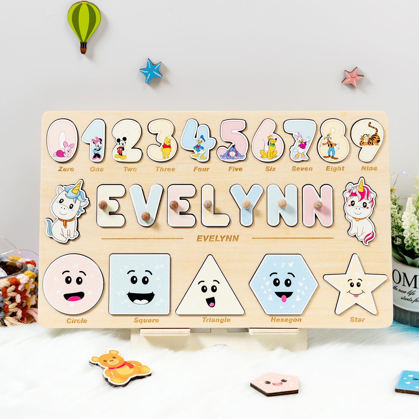 Personalized Baby Unicorns Wooden Name Puzzle with Number