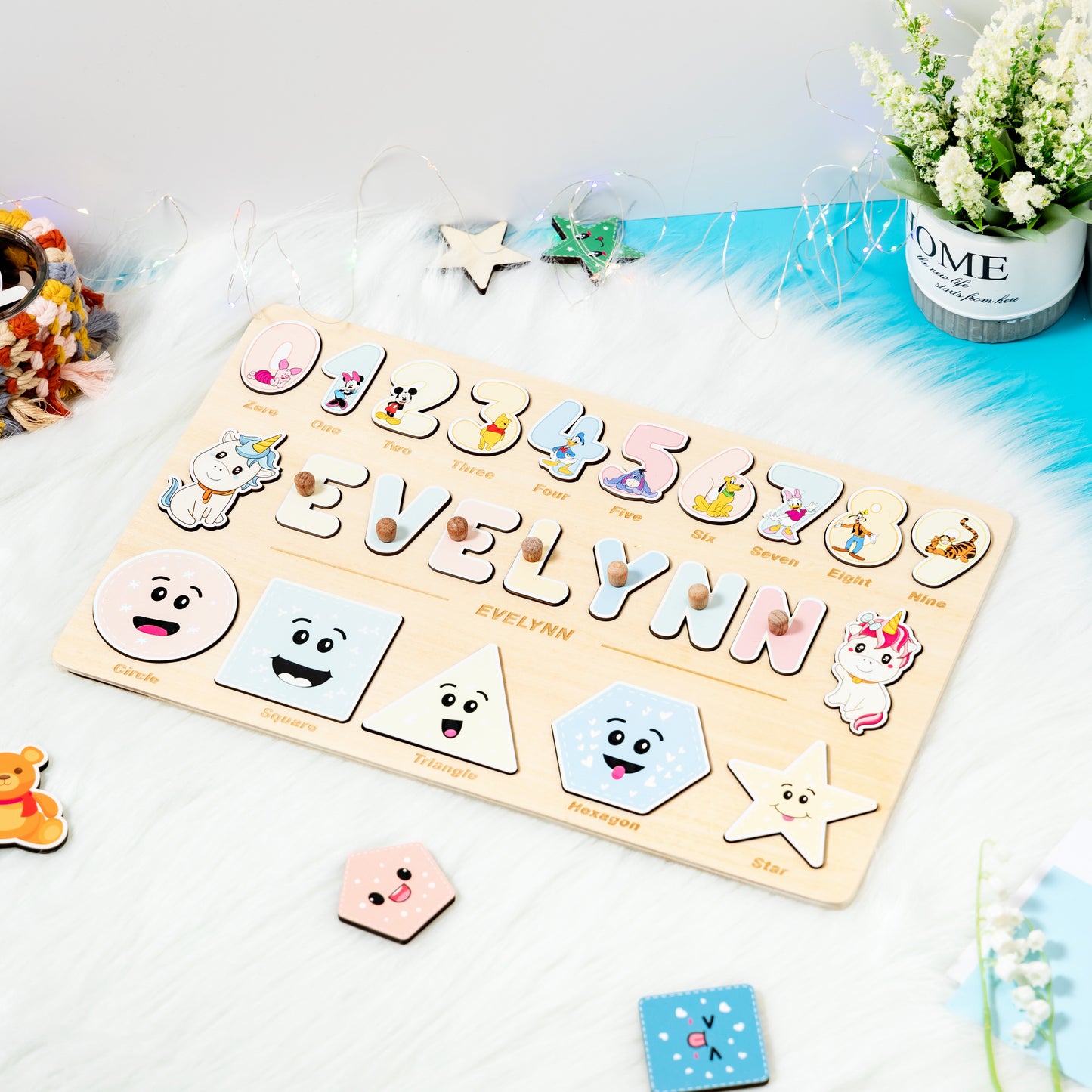 Personalized Baby Unicorns Wooden Name Puzzle with Number