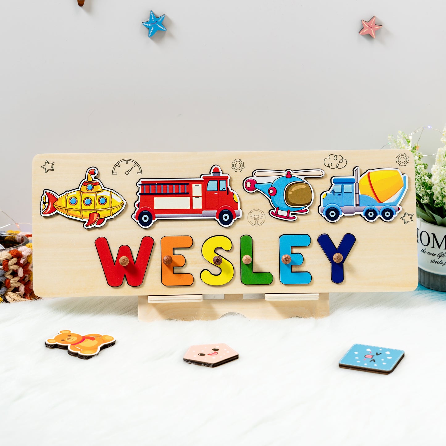 Personalized Babies Transportation-Themed Wooden Name Puzzle