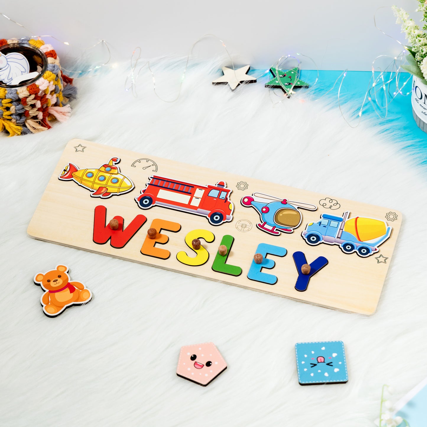 Personalized Babies Transportation-Themed Wooden Name Puzzle