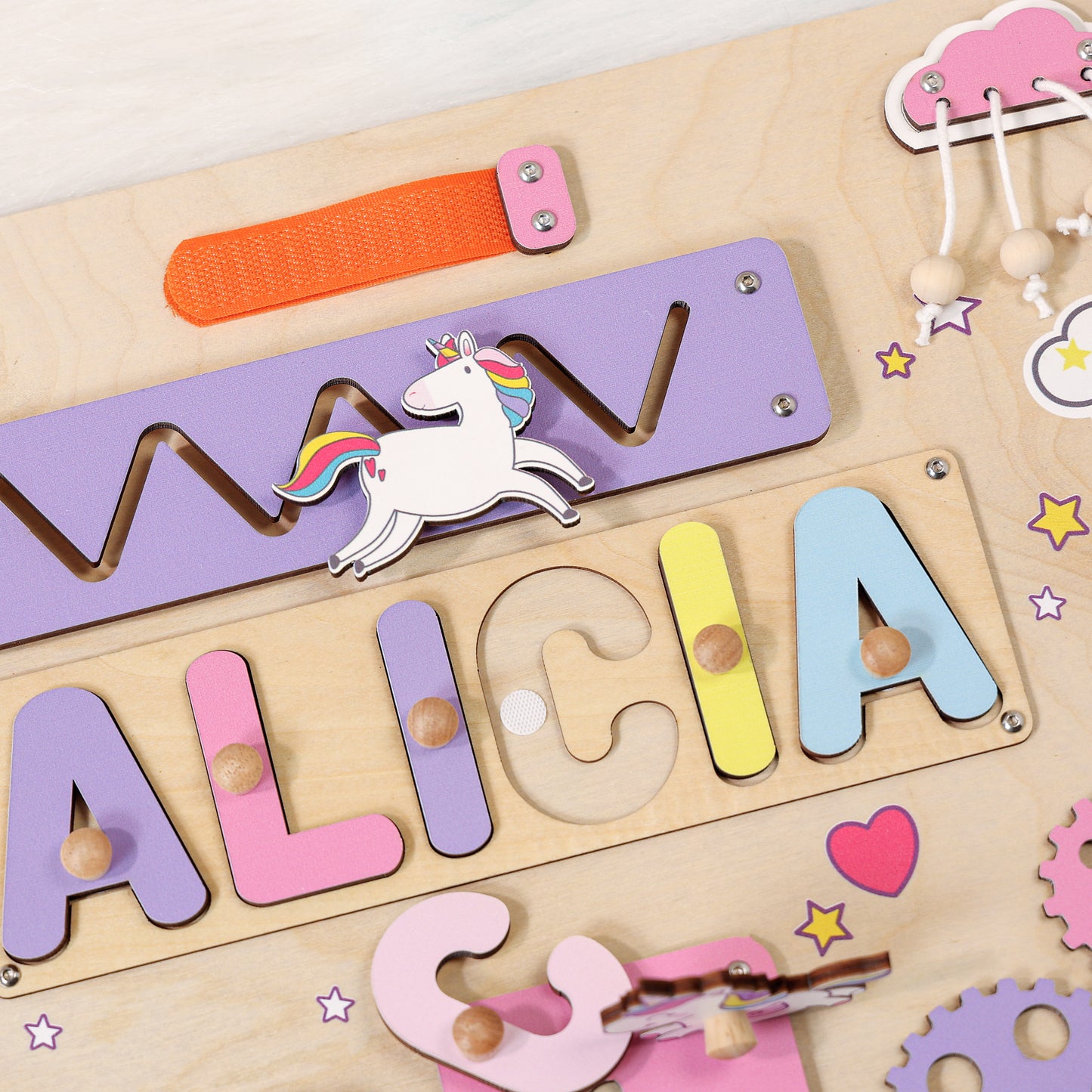 Personalized Baby Girl Unicorns Busy Board with Rainbow