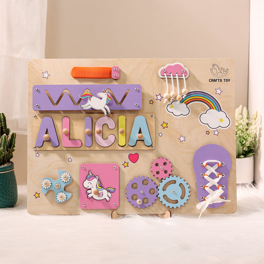 Personalized Baby Girl Unicorns Busy Board with Rainbow