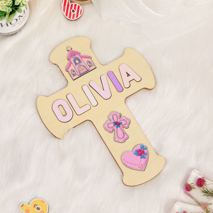 Personalized Baptism Baby Girl Cross Wooden Name Puzzle