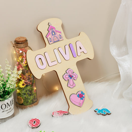 Personalized Baptism Baby Girl Cross Wooden Name Puzzle