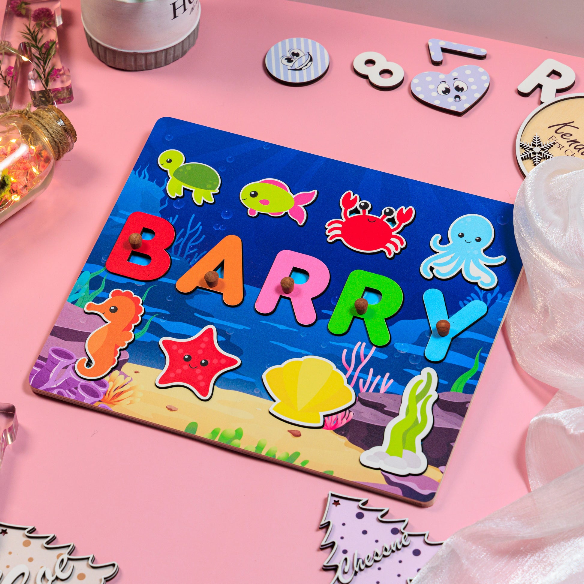 Personalized Marines Wooden Name Puzzle with Ocean Background