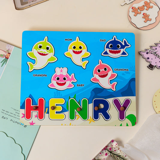 Personalized Baby Shark Wooden Name Puzzle with Ocean Background