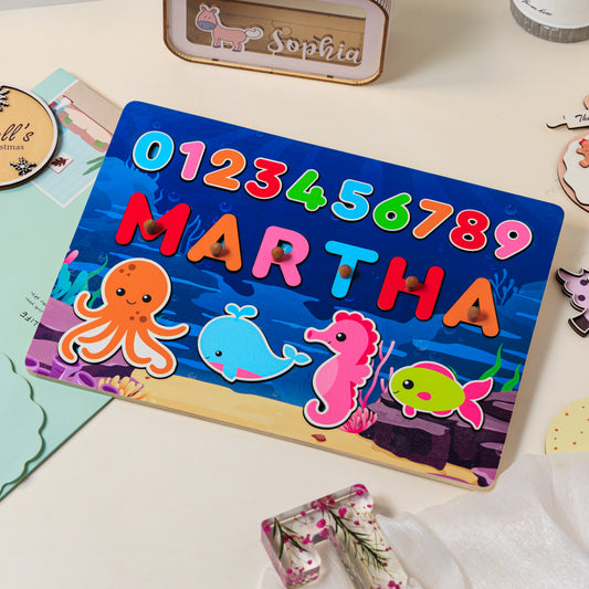 Personalized Ocean Marines Wooden Name Puzzle with Number