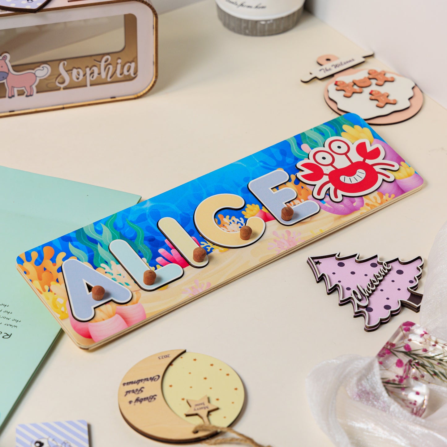 Personalized Baby Crab Wooden Name Puzzle with Ocean Background