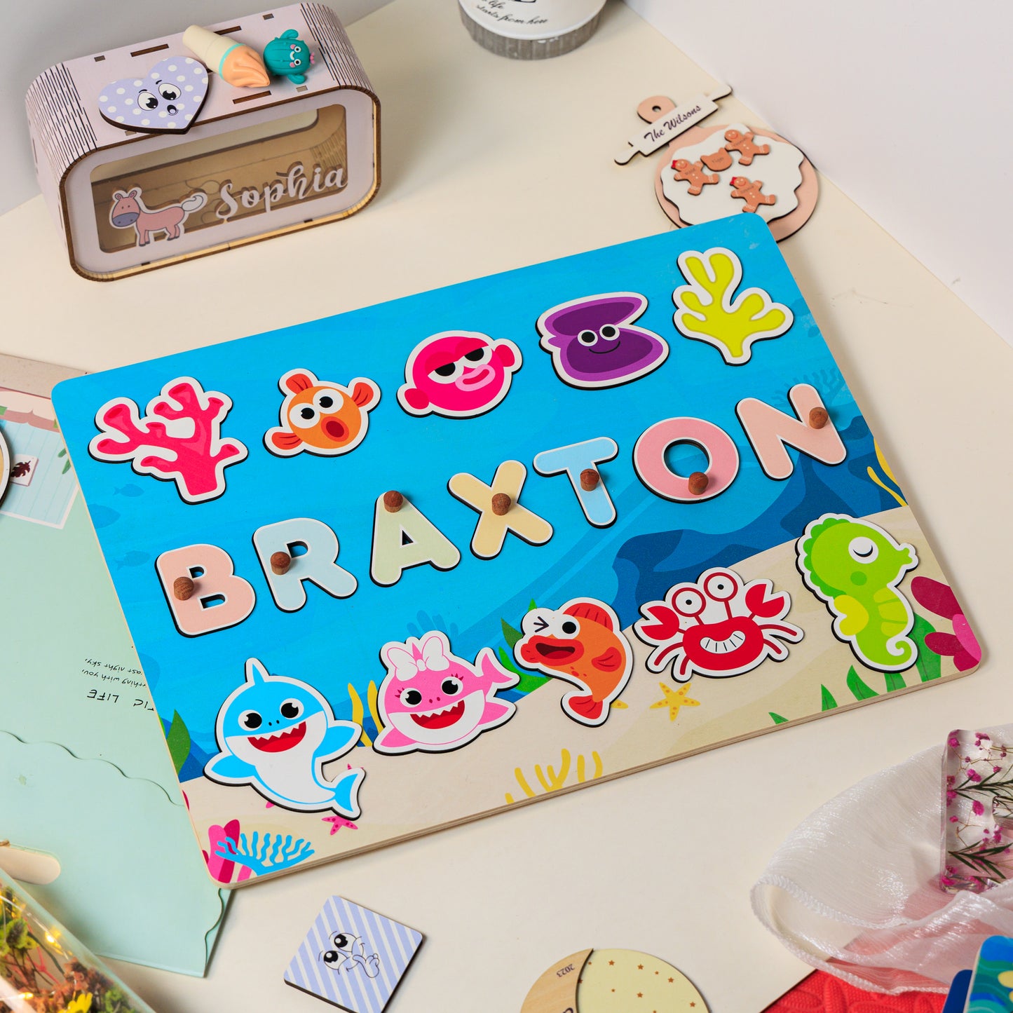 Personalized Baby Shark and Friends Wooden Name Puzzle with Ocean Background