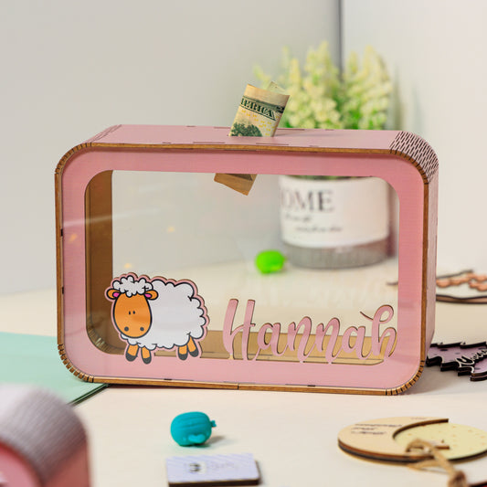 Custom Baby Name Sheep Wooden Piggy Bank