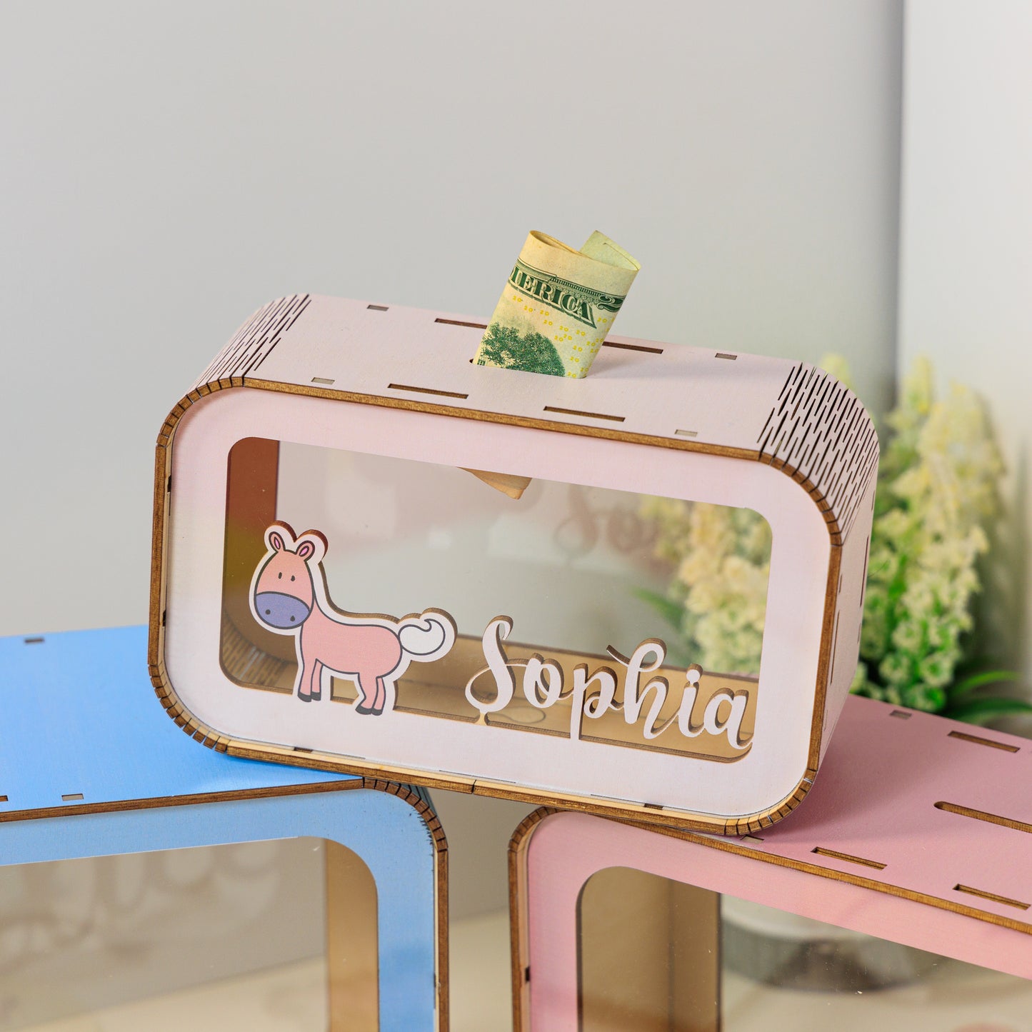 Custom Baby Name Pinky Horse Wooden Piggy Bank