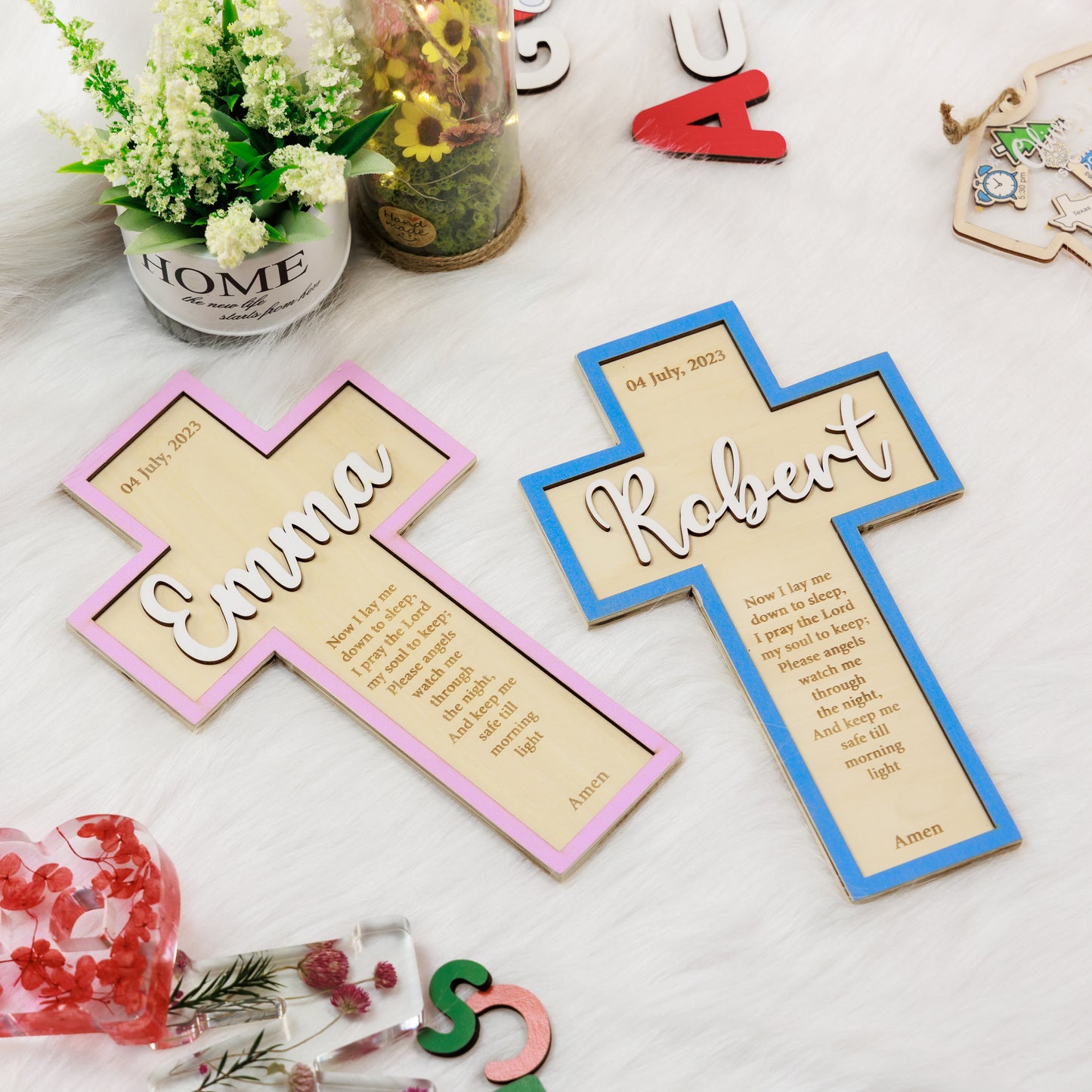 Personalized Baby Name Blue Baptism Wooden Cross