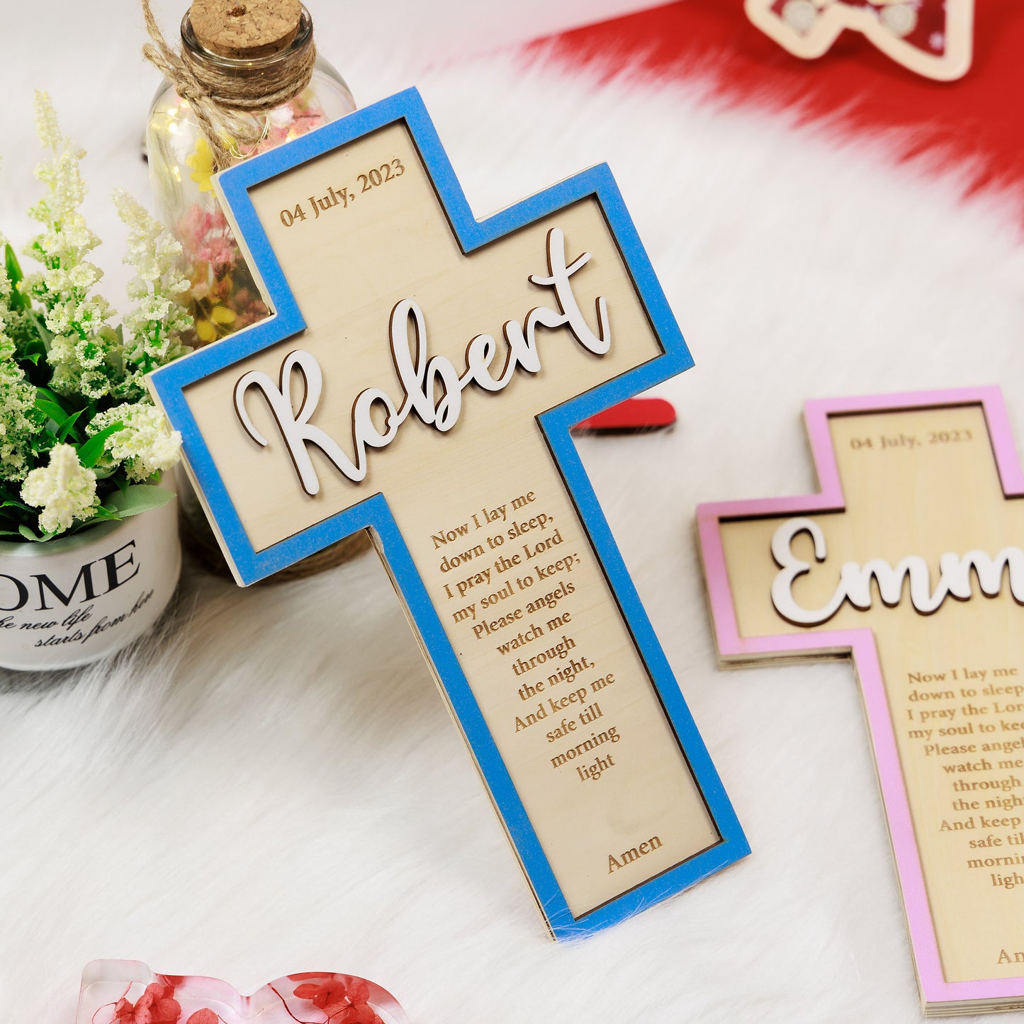 Personalized Baby Name Blue Baptism Wooden Cross