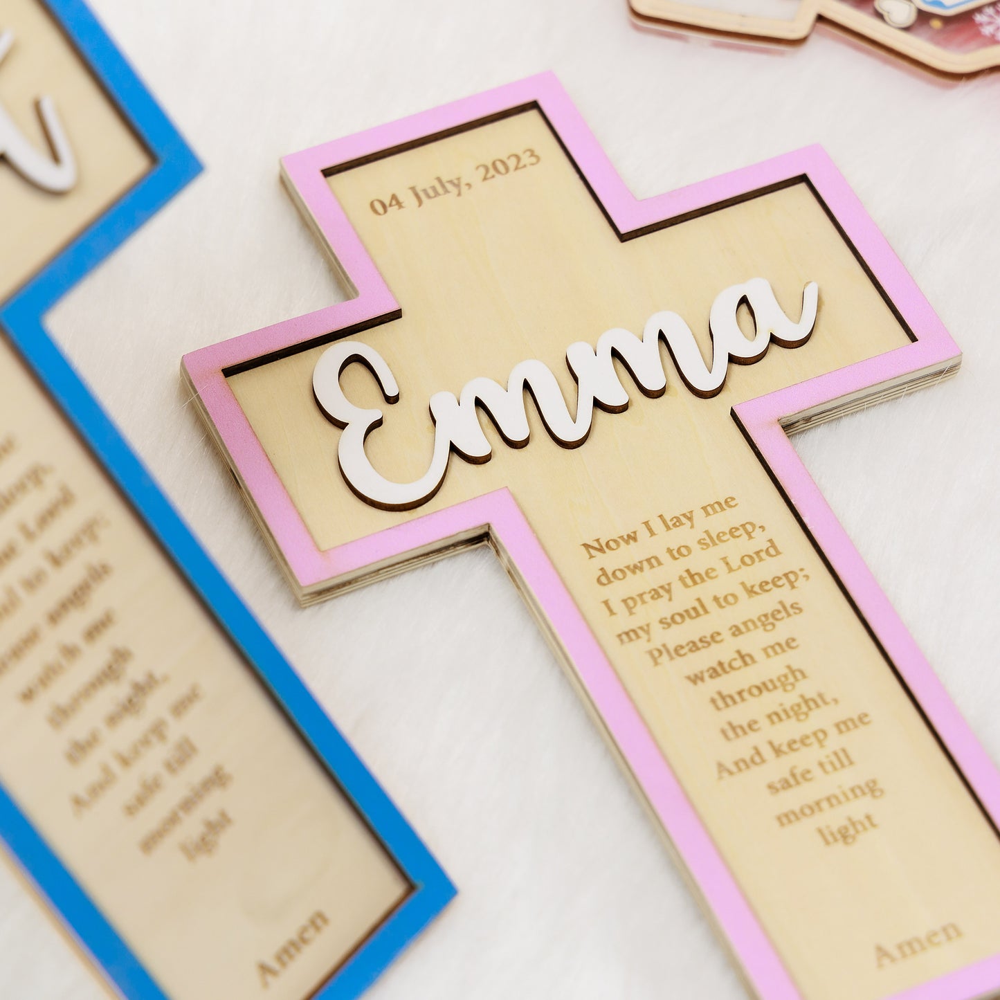 Personalized Baby Name Blue Baptism Wooden Cross