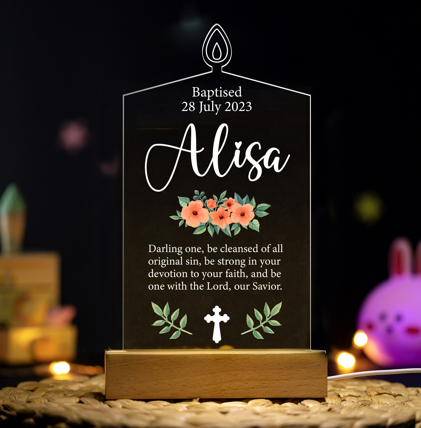 Personalized Baptism Baby Name Flower Acrylic Night Light