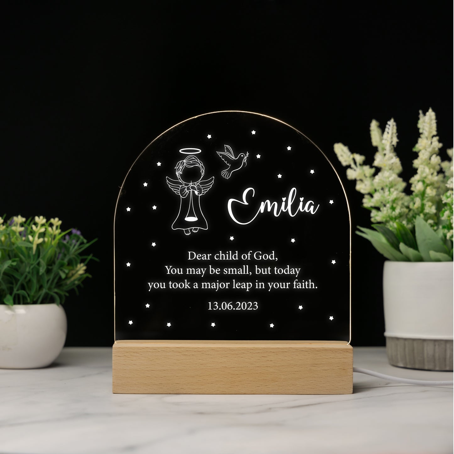 Personalized Baptism Baby Angel Name Acrylic Night Light