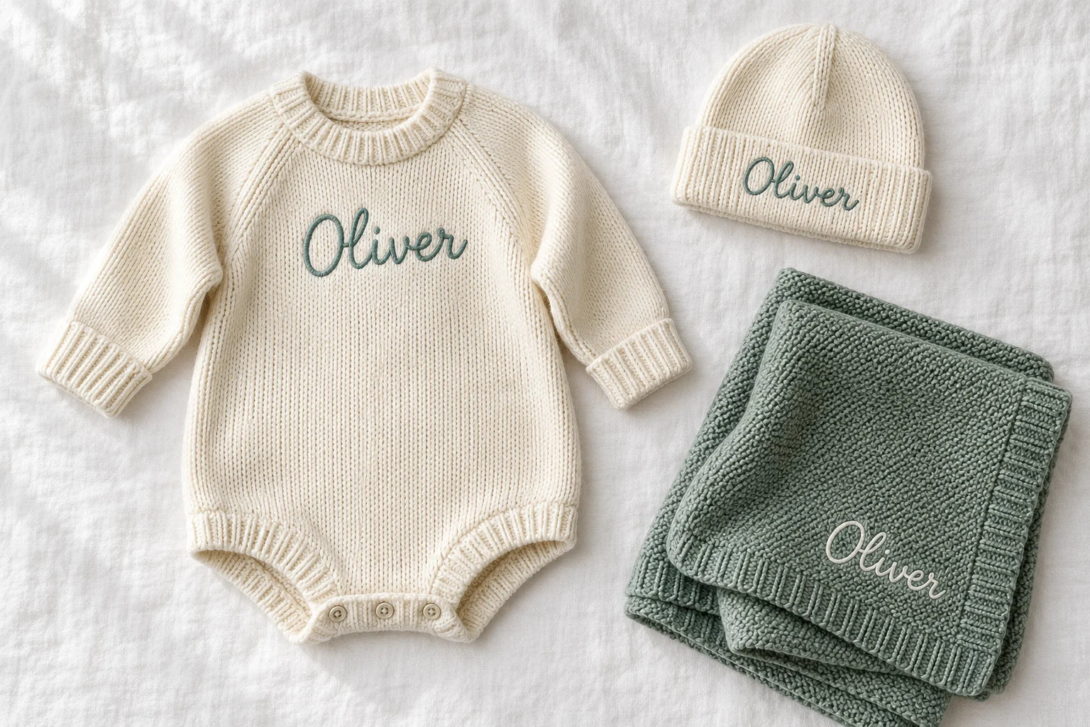 Personalized baby sweater romper, beanie and knit blanket concept